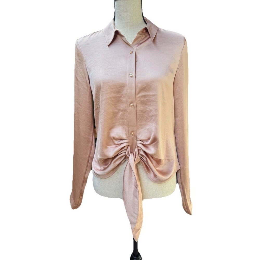 Express Portofino Dusty Mauve Long Sleeve Button Front Tie Up Blouse Sz S NWT!